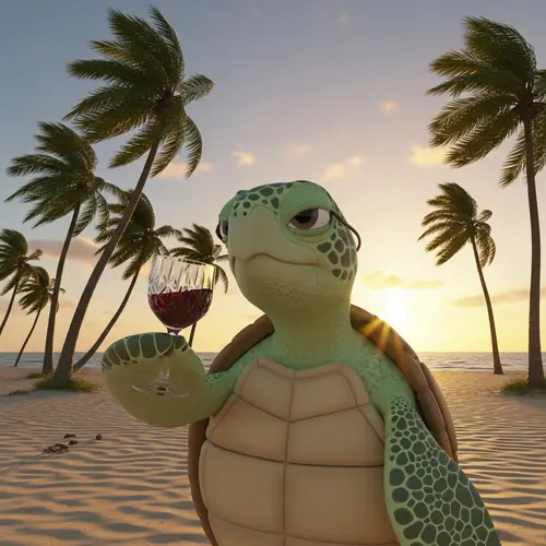 Turtle Enjoying Wine on Beach | Tranquil Scene
