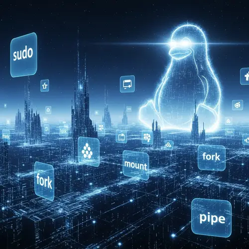 Futuristic Linux Kernel: Abstract Sci-Fi Landscape with Tux Statute