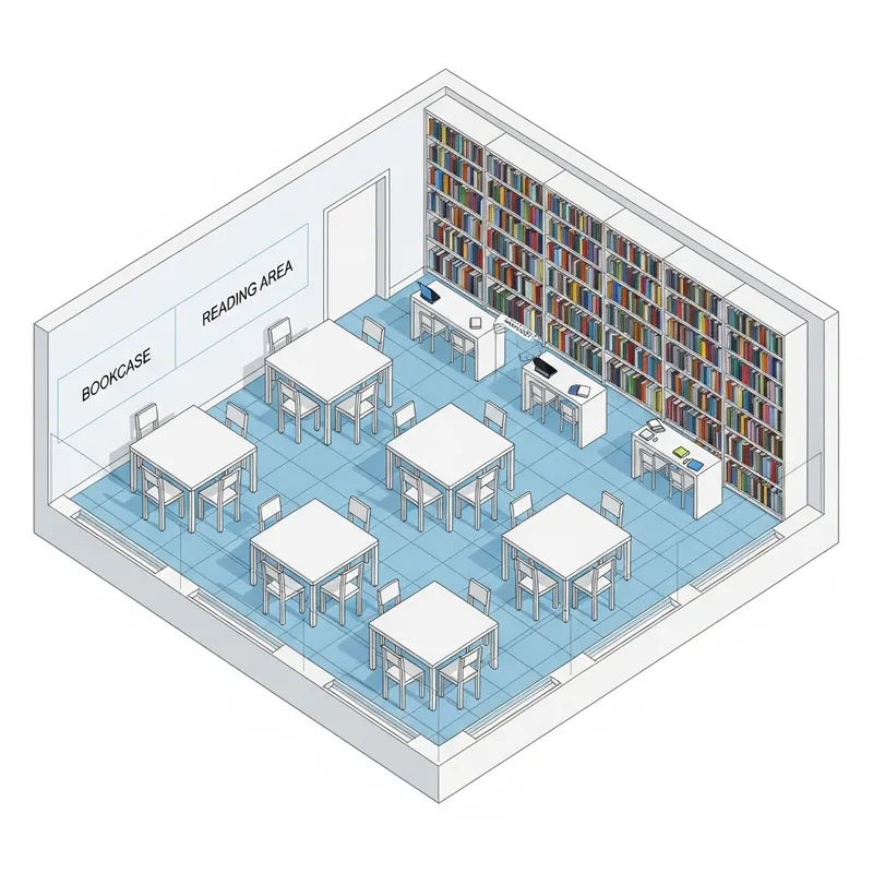 Small 3D School Library with Chairs, Tables, and Book-Filled Cabinet