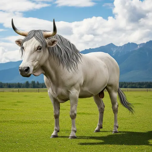 Majestic Bull-Horse Hybrid Creature in Lush Pasture