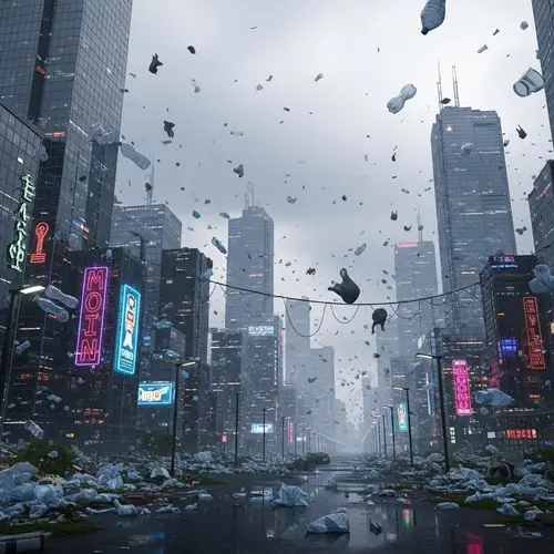 Futuristic Plastic Pollution: Dystopian Urban Landscape