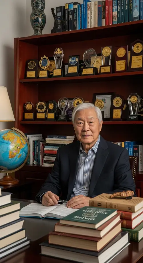 Senior Asian Man in Study: Achievements, Wisdom & Education