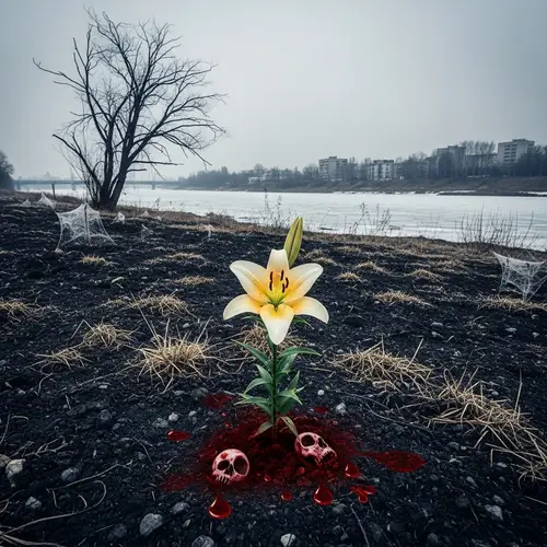 Resilient Lily in Desolate Ash Field – A Symbol of Hope and Struggle