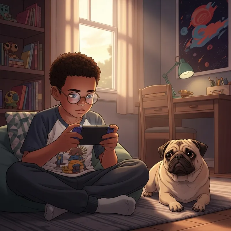 Brown Boy in Glasses Playing Console Game with Pug in Room