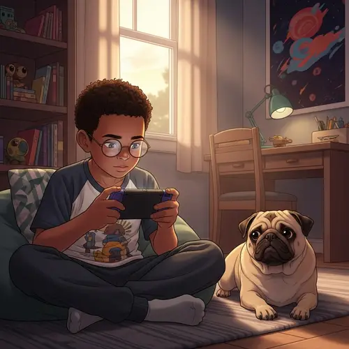 Brown-Skinned Boy Gaming with Pug in Cozy Room