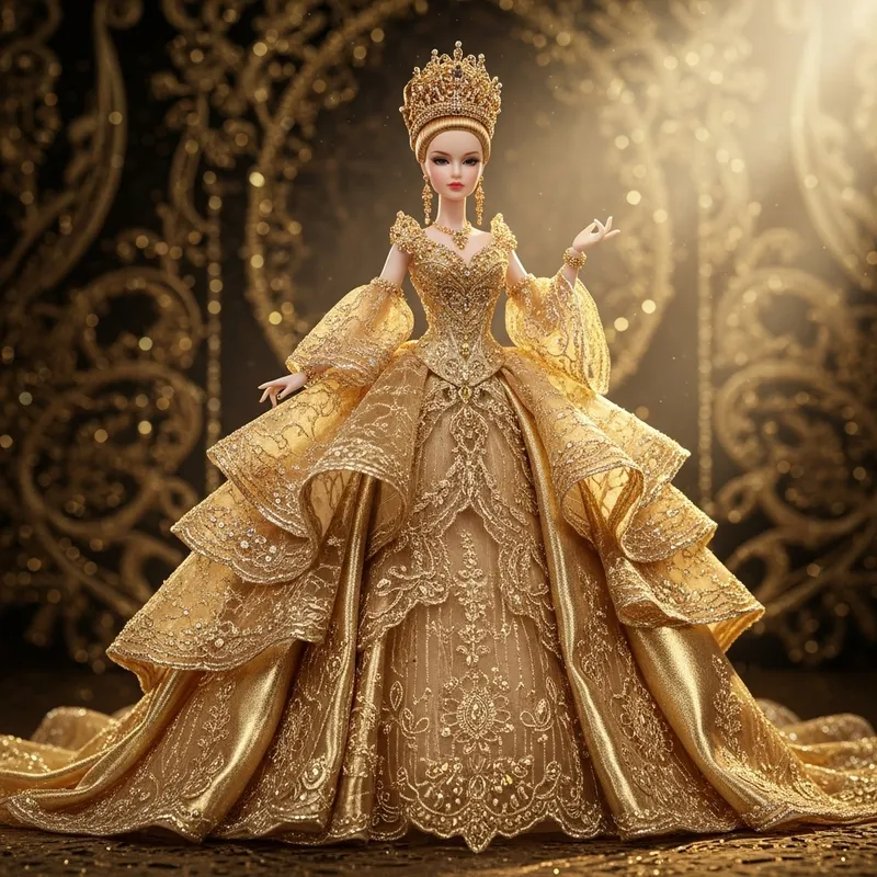 Barbie in Grandiose Golden Gown: Stunning Fashion Doll in Luxurious Attire Barbie in Grandiose Golden Gown: Stunning Fashion Doll in Luxurious Attire