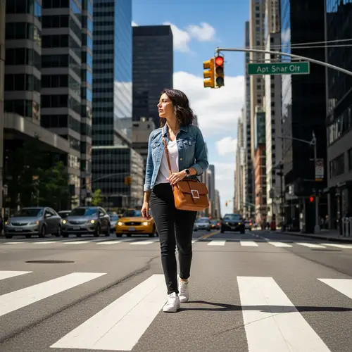 Modern Hispanic Woman Crossing Urban Crosswalk