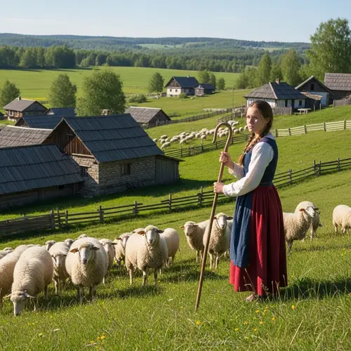 Sarah Watching Over Sheep on a Grass Hillside