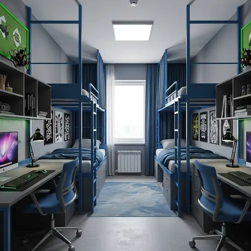 Modern Graphite Gray Dormitory Room with Metallic Blue and Electric Green Accents