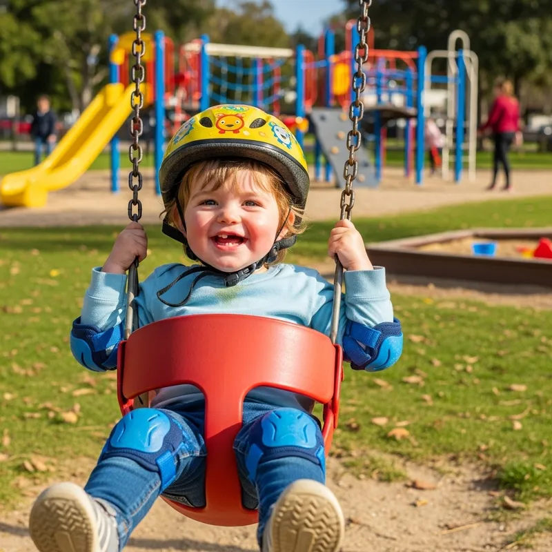 Playful Innocent Toddler in Kids Park with Safety Gears