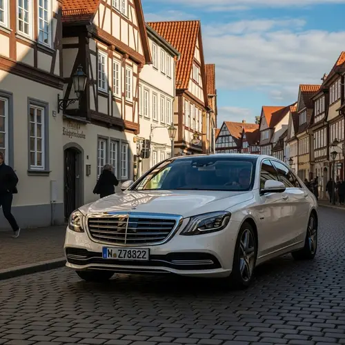 White Mercedes Benz Car with Silver Accents in Sunlit Streets of Germany