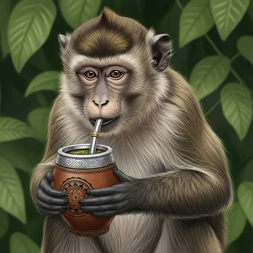Curious Monkey Sipping Mate from Gourd Cup in the Wild