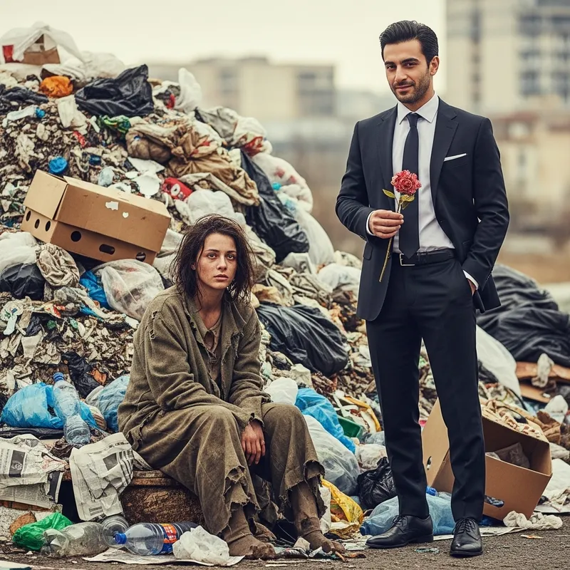 Contrast in Love: Elegant Man with Slavic Woman in Trash