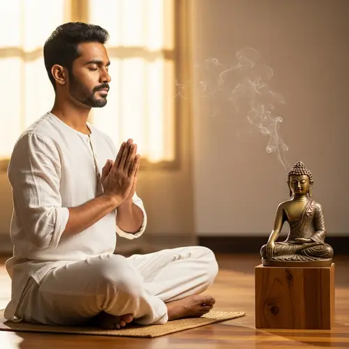 Peaceful South Asian Man in Buddhist Prayer Posture