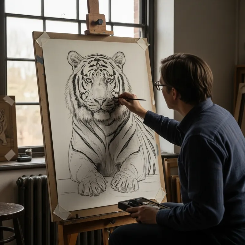 Artist Sketching Majestic Tiger Artist Sketching Majestic Tiger