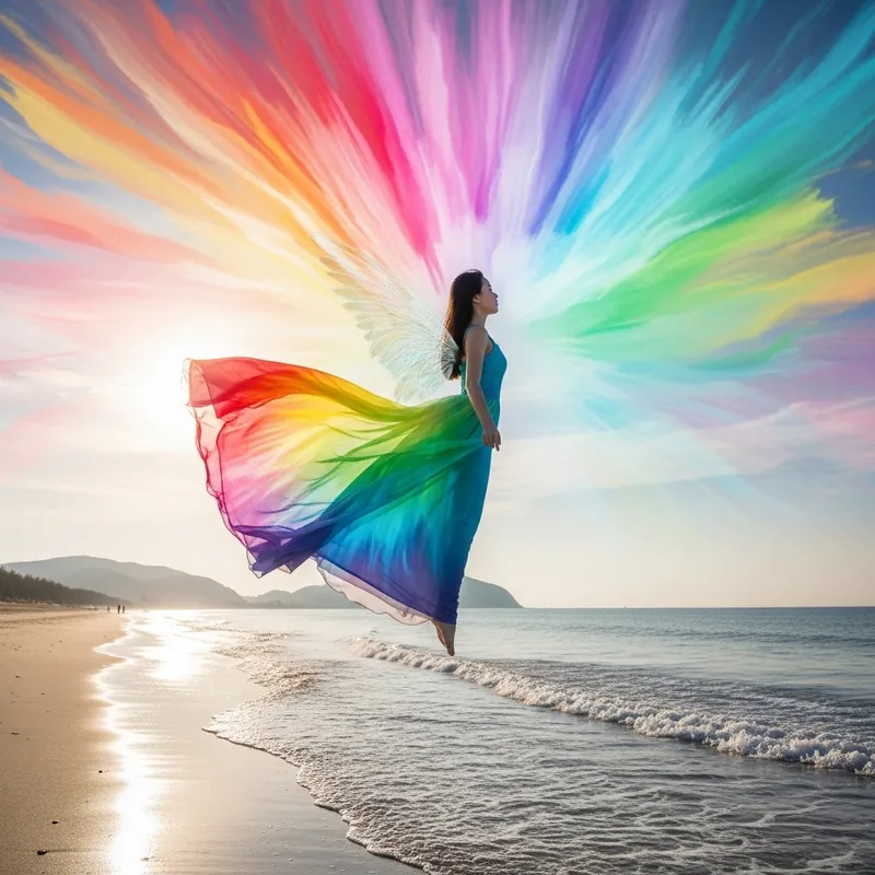 Rainbow Gown Girl Soaring with Wings | Beach Serenity Scene