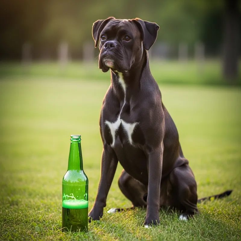 Sleek Black Boxer Dog with Beer Bottle in Sunlit Field