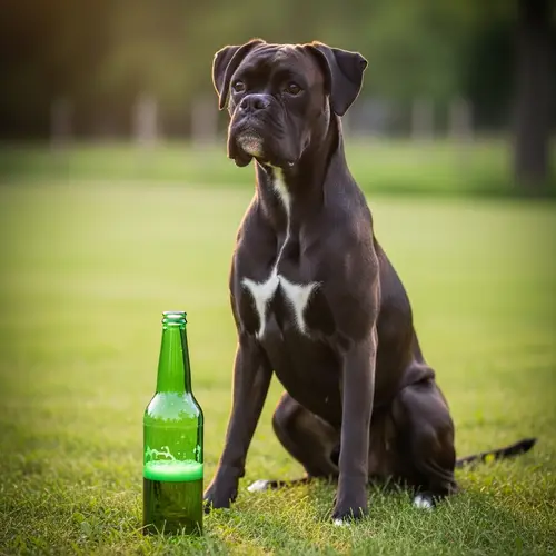 Black Boxer Dog with Beer Bottle | Sunny Grass Field Scene