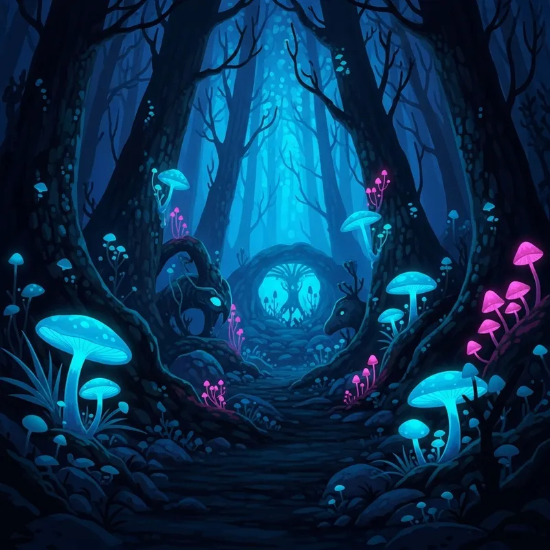 Neon-Hued Mystical Forest with Enchanting Creatures