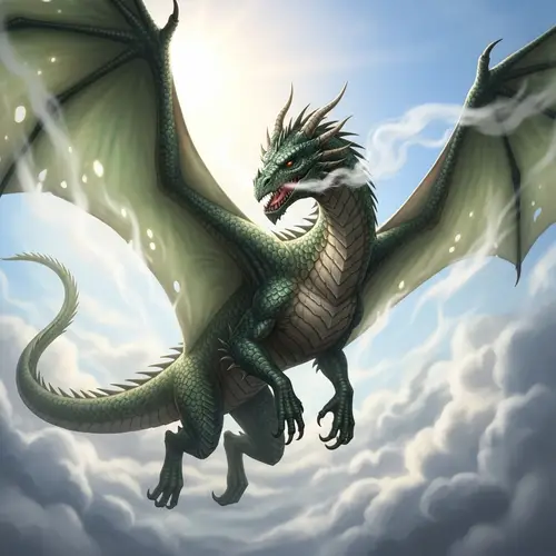 Majestic Green Dragon Soaring in Dramatic Skies
