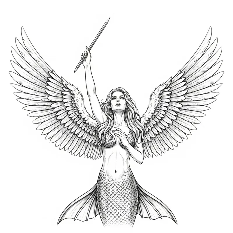 Majestic Mermaid with Angel Wings Pencil Drawing