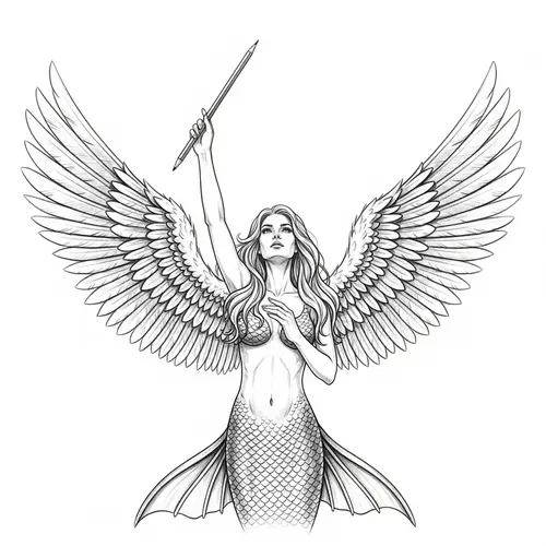 Majestic Mermaid with Angel Wings Pencil Drawing