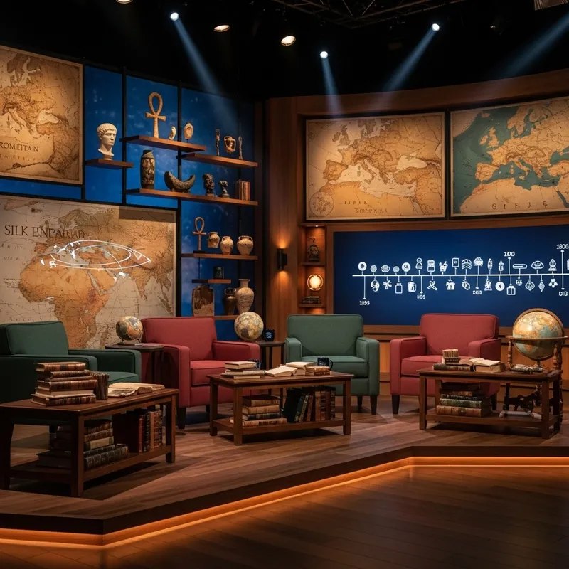 Historical Talk Show Studio Set - Ancient Artifacts & Old Books