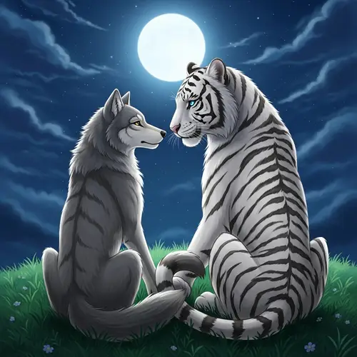 Wolf and White Tiger Love | Anime Style Fantasy Art