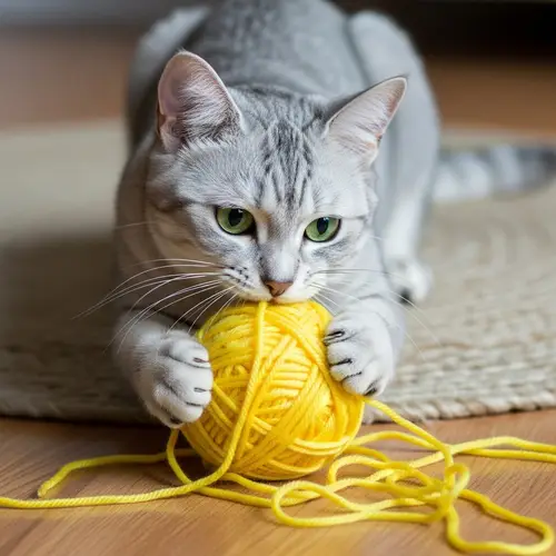 Adorable Silver Housecat Playing with Bright Yellow Yarn Ball