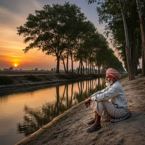 Tranquil South Asian Farmer Watching Sunset by Creek