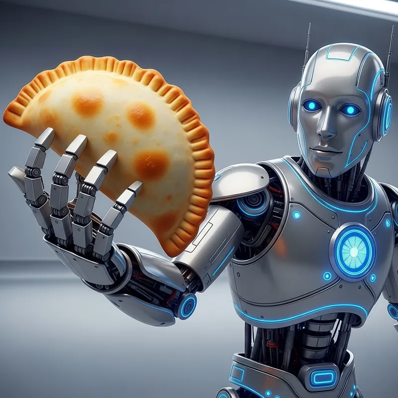 Robot Holding Empanada - Futuristic Culinary Art
