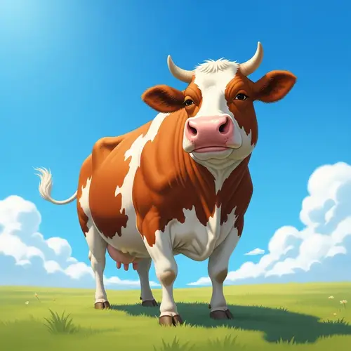 Happy Plump Cow in the Sunny Grassland