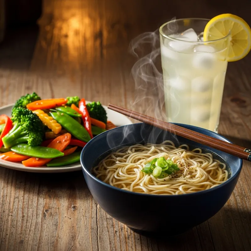 1k Meal: Noodle Soup, Vegetables & Lemonade 1k Meal: Noodle Soup, Vegetables & Lemonade