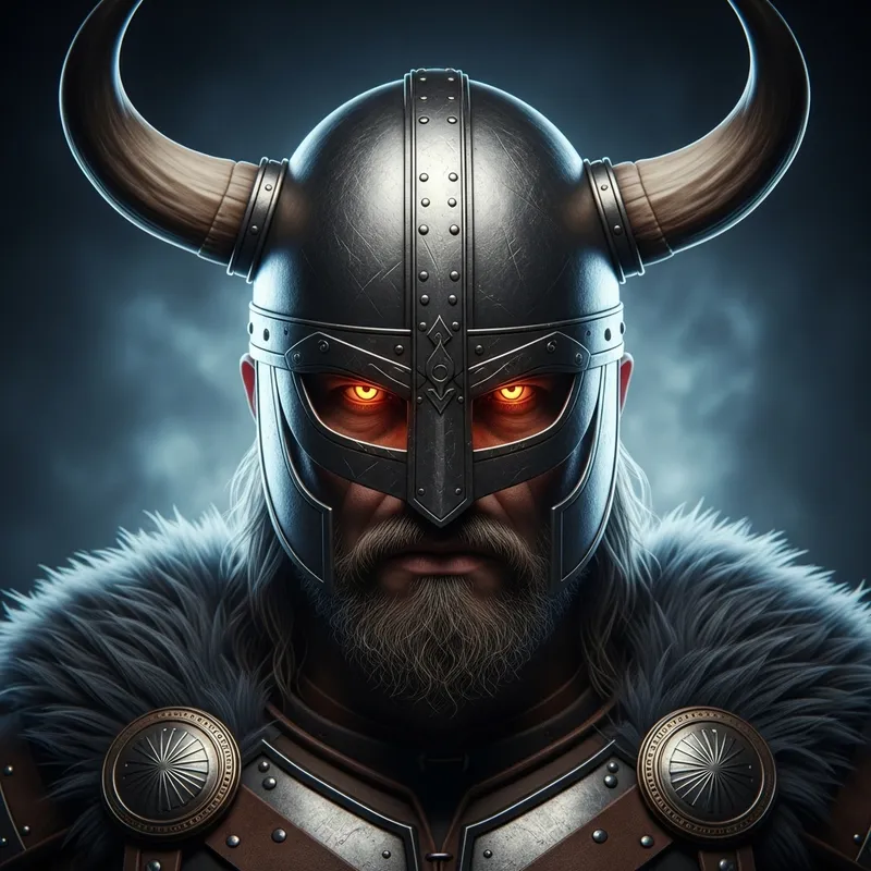 Fierce Viking Warrior with Glowing Eyes in Dark Background