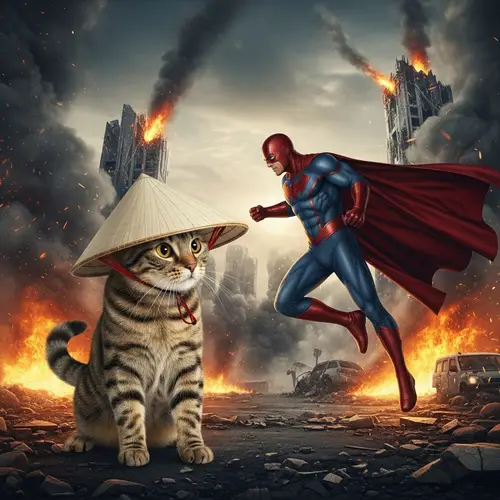 Catastrophic Battle: Cat vs Superhero in Apocalyptic Setting