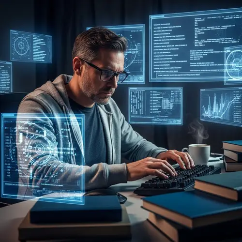 Middle-Aged Caucasian Man in Dimly Lit Room With LED Screens Typing Intensely