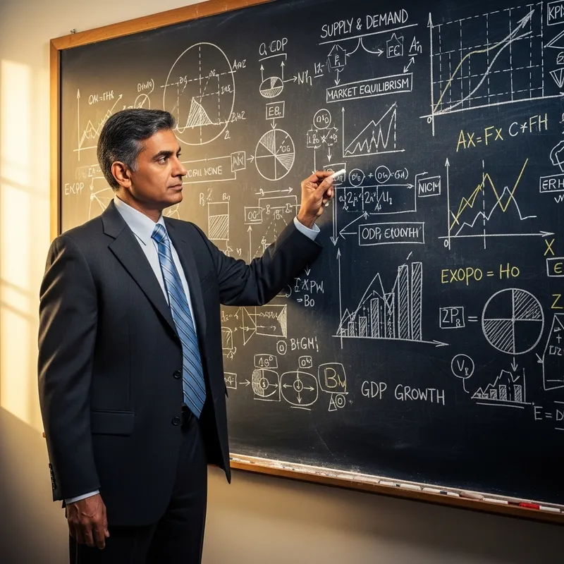Seasoned Businessman Analysing Economics on Blackboard