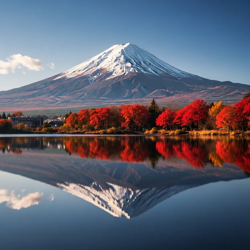 Dormant Fujiyama Volcano and Red Trees by the Lake - Realism 8K