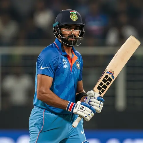 Male Indian Cricketer in Blue Attire with Cricket Bat