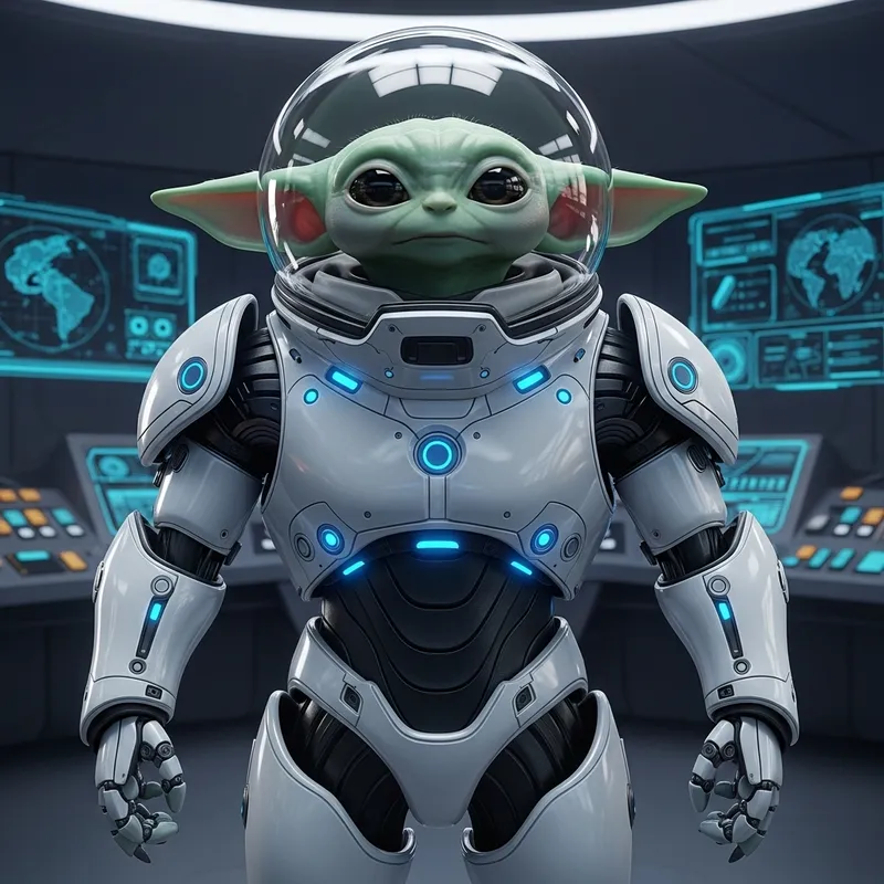 Cute Alien in Transparent Helmet, White Mech Suit