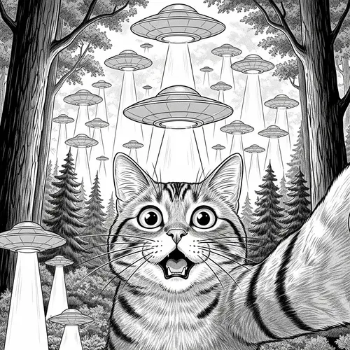 Captivating Black and White Illustration of Cat and UFOs
