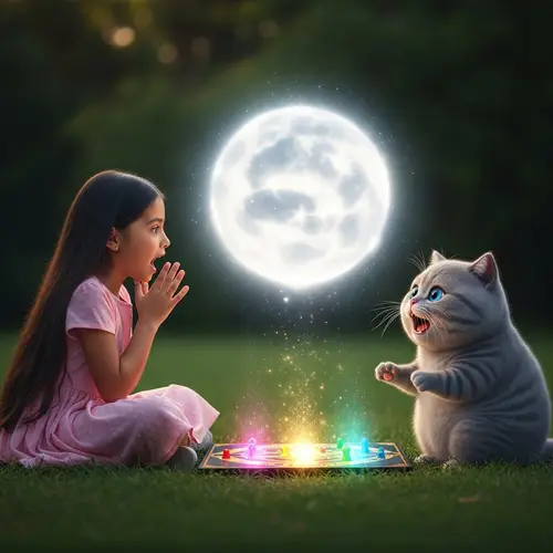 Surprising Encounter: Girl and British Cat in Magical Setting