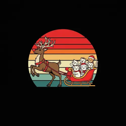 Vintage Red-Nosed Reindeer Leading Sleigh with Playful Cats