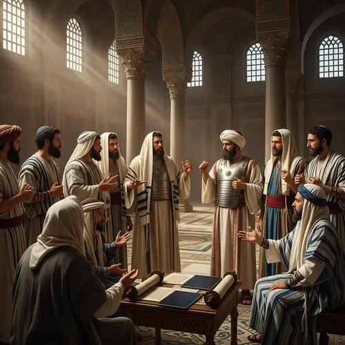 Judean Priests and Pharisees Discussing in Historical Temple