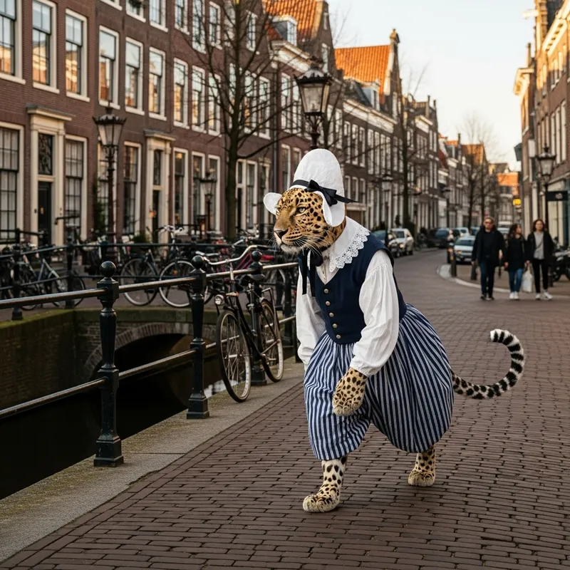 Leopard in Traditional Dutch Costume Enjoying Vibrant Leiden