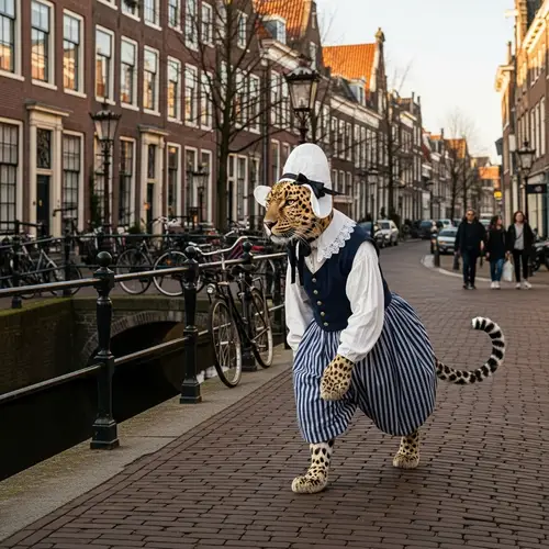 Leopard in Traditional Dutch Costume | Vibrant Leiden City Scene