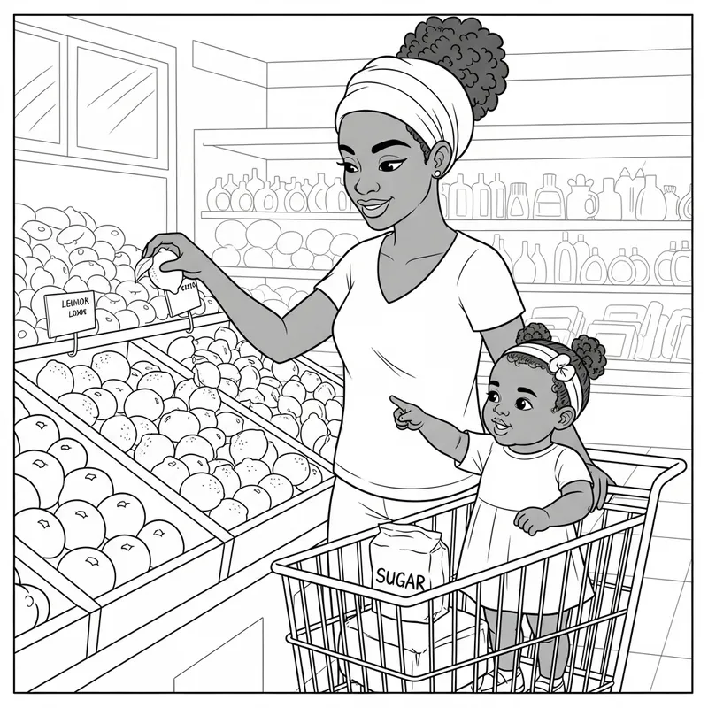 Cartoon Coloring Book Page: African American Girl & Mom at Grocery Store