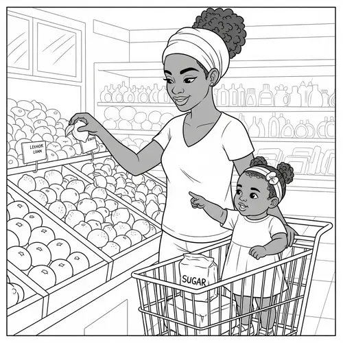 African American Toddler Girl & Mother Grocery Store Coloring Page