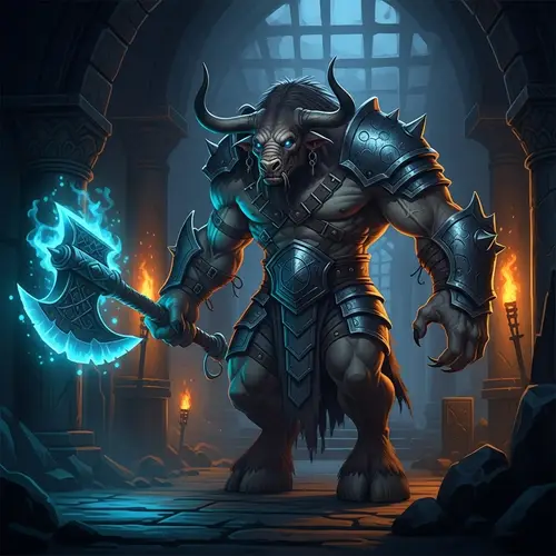 High-Resolution Minotaur with Glowing Axe Art in Dimly Lit Dungeon