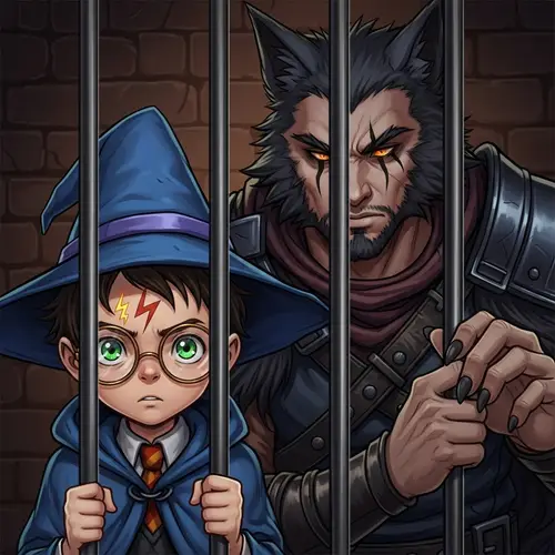Boy Wizard and Rugged Man in Digital Art Prison Scene